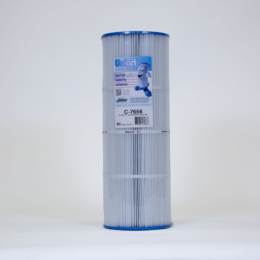 Tall cylindrical pool filter cartridge with white pleated fabric and blue edge caps with a front label