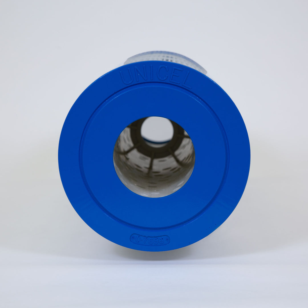cylindrical pool filter cartridge with a blue plastic end cap and a hollow core showing filter material inside