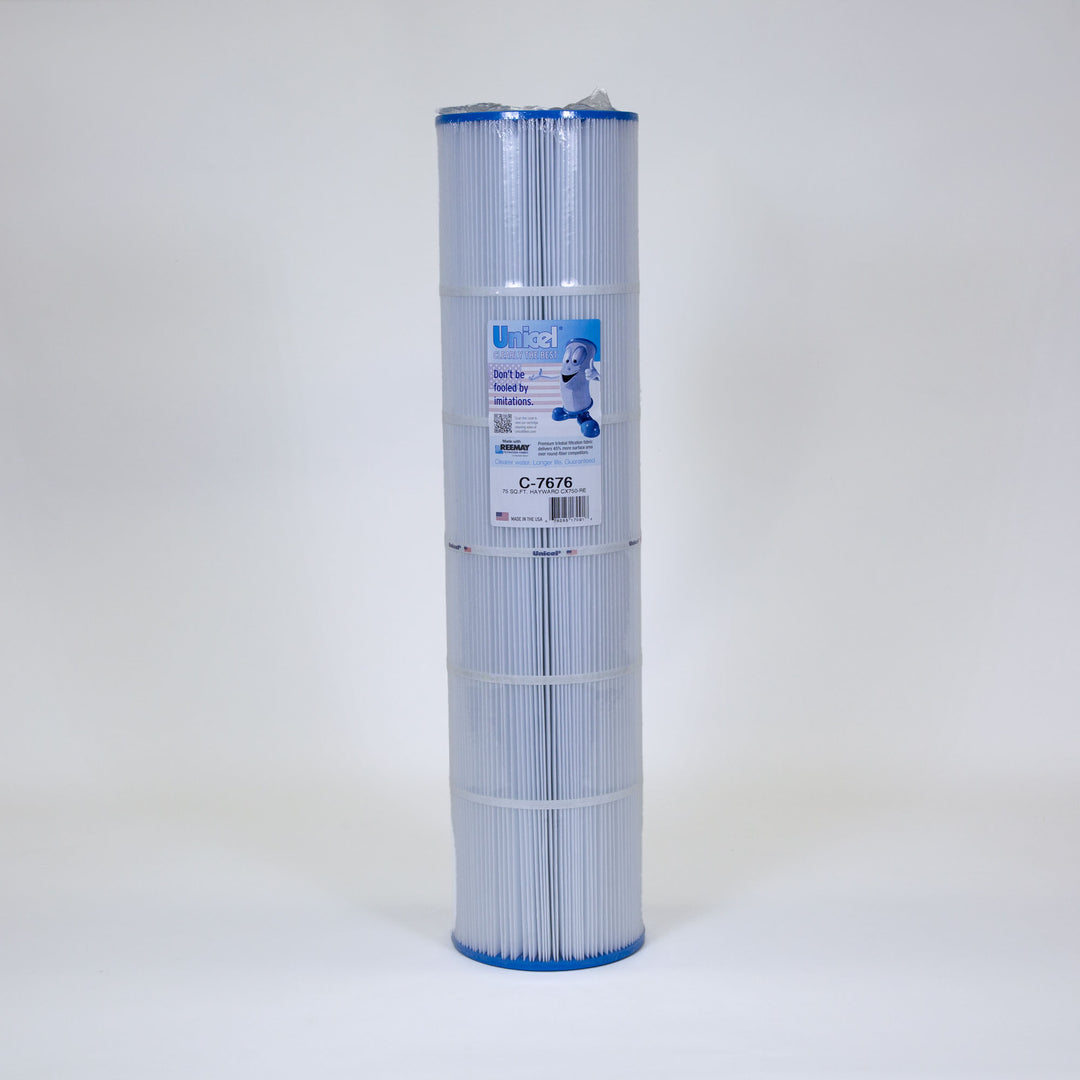 Tall cylindrical white pleated filter cartridge with blue edges and a label featuring a cartoon character and product details