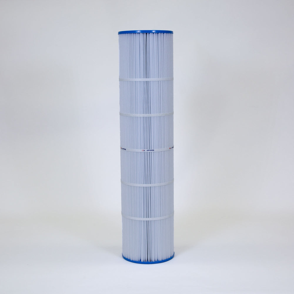 Tall cylindrical pleated pool filter cartridge with blue end caps and white supportive bands around the pleats