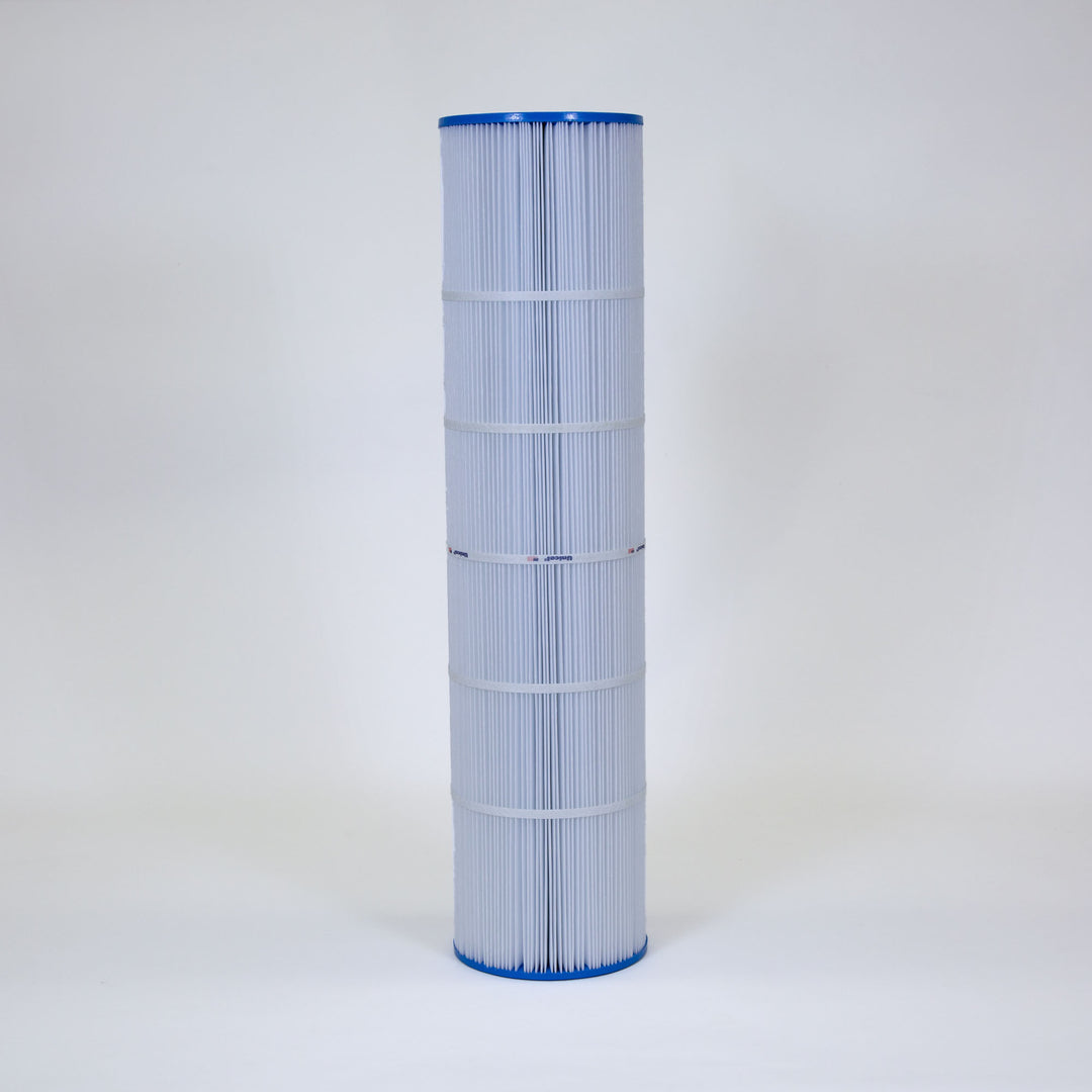 Tall cylindrical pleated pool filter cartridge with blue end caps and white supportive bands around the pleats