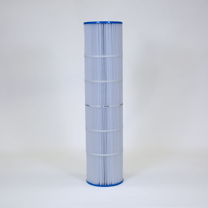 Tall cylindrical pleated pool filter cartridge with blue end caps and white supportive bands around the pleats