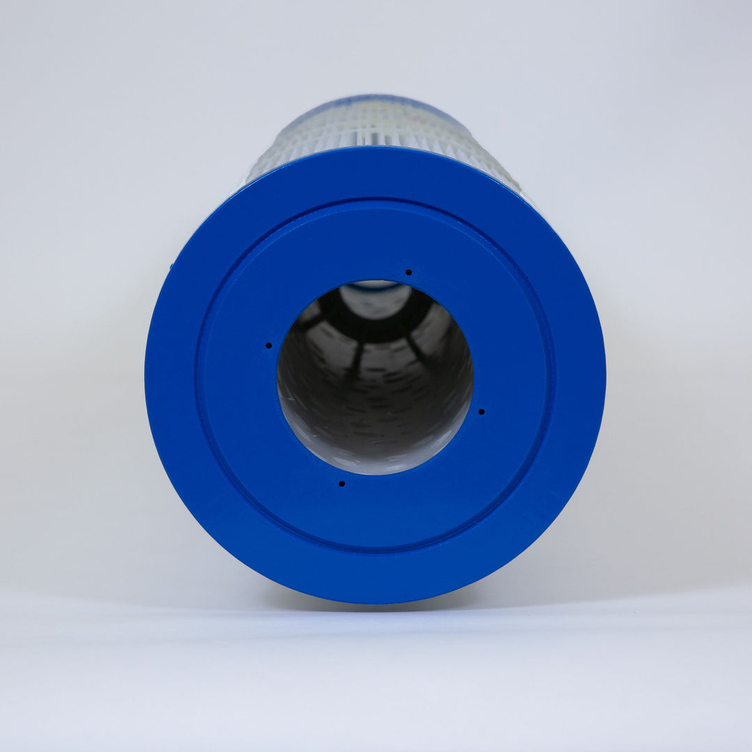 cylindrical cartridge pool filter with blue plastic end and pleated white filter material on a white background