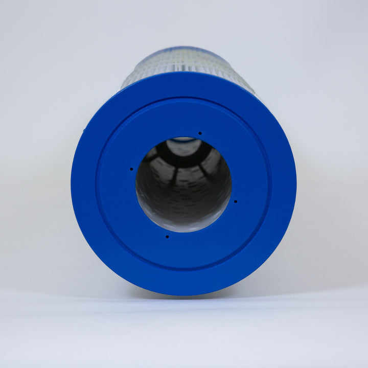 cylindrical cartridge pool filter with blue plastic end and pleated white filter material on a white background