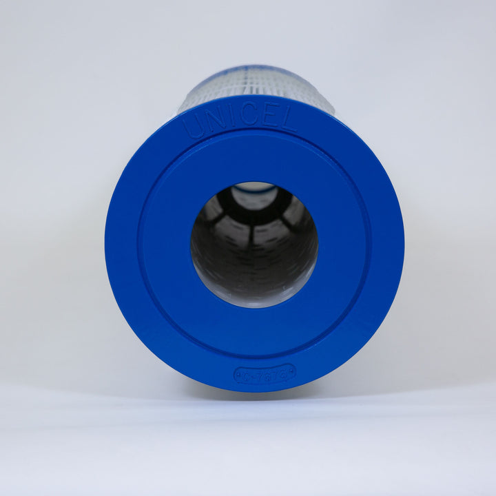 cylindrical pool filter cartridge with blue plastic end caps and white pleated filtering material