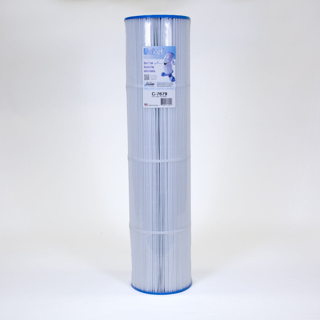 Tall cylindrical white pleated water filter cartridge with blue rim caps and a label displaying brand and model information