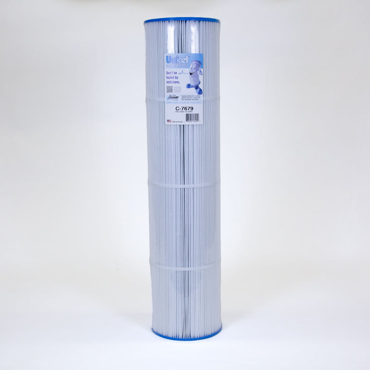 Tall cylindrical white pleated water filter cartridge with blue rim caps and a label displaying brand and model information