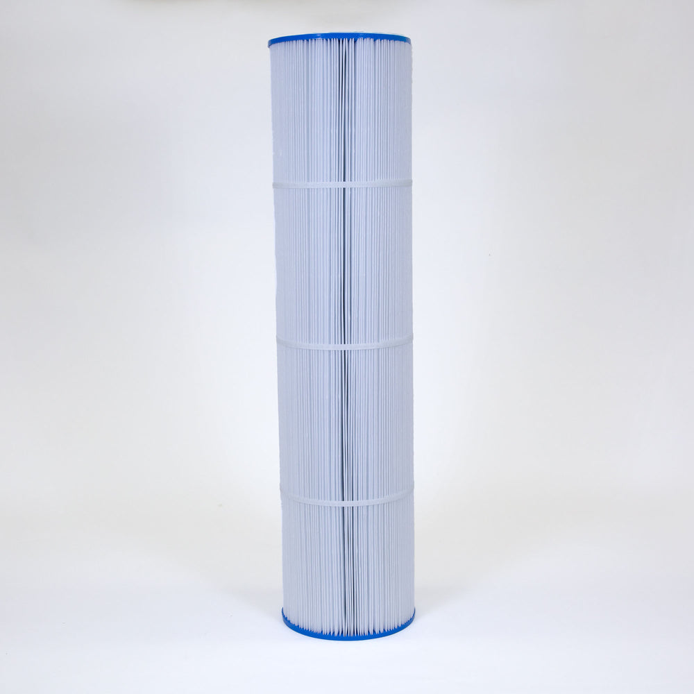 Tall cylindrical pool filter cartridge with white pleated surface and blue plastic end caps on plain background
