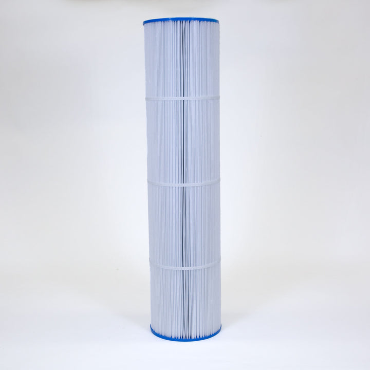 Tall cylindrical pool filter cartridge with white pleated surface and blue plastic end caps on plain background