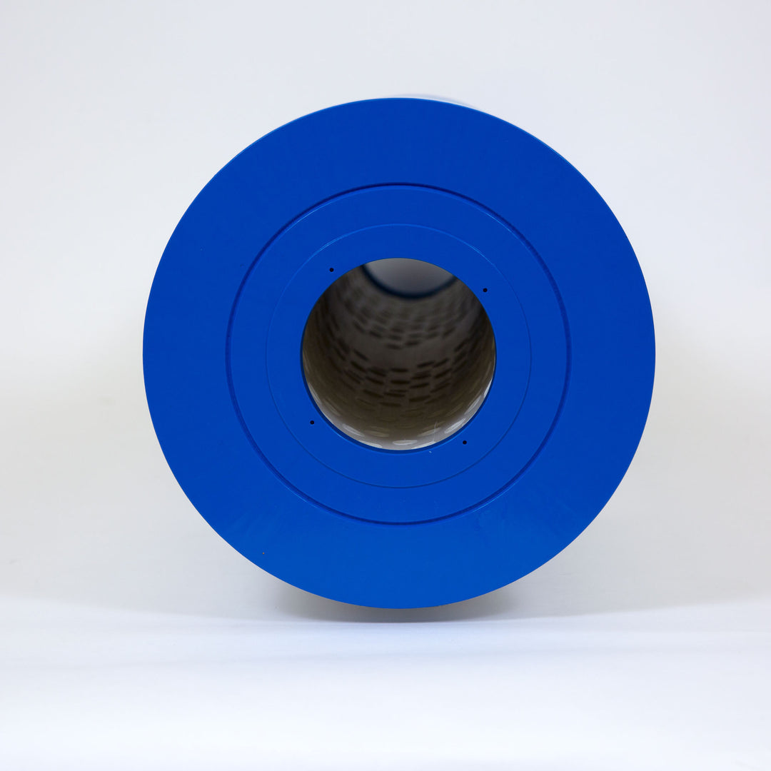 Circular blue end of a replacement pool filter cartridge with visible perforated inner structure on white background