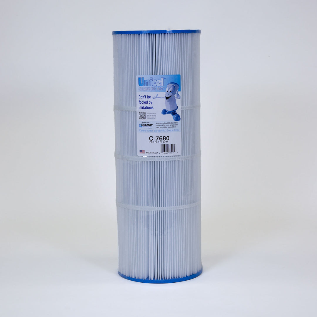 cylindrical pool filter cartridge with white pleated body and blue caps on a plain white background