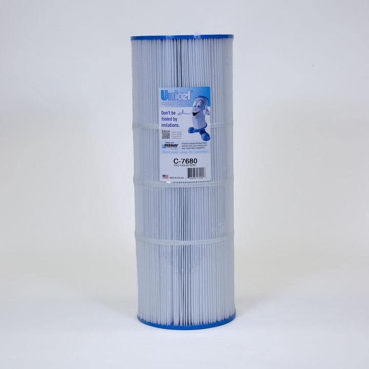 cylindrical pool filter cartridge with white pleated body and blue caps on a plain white background
