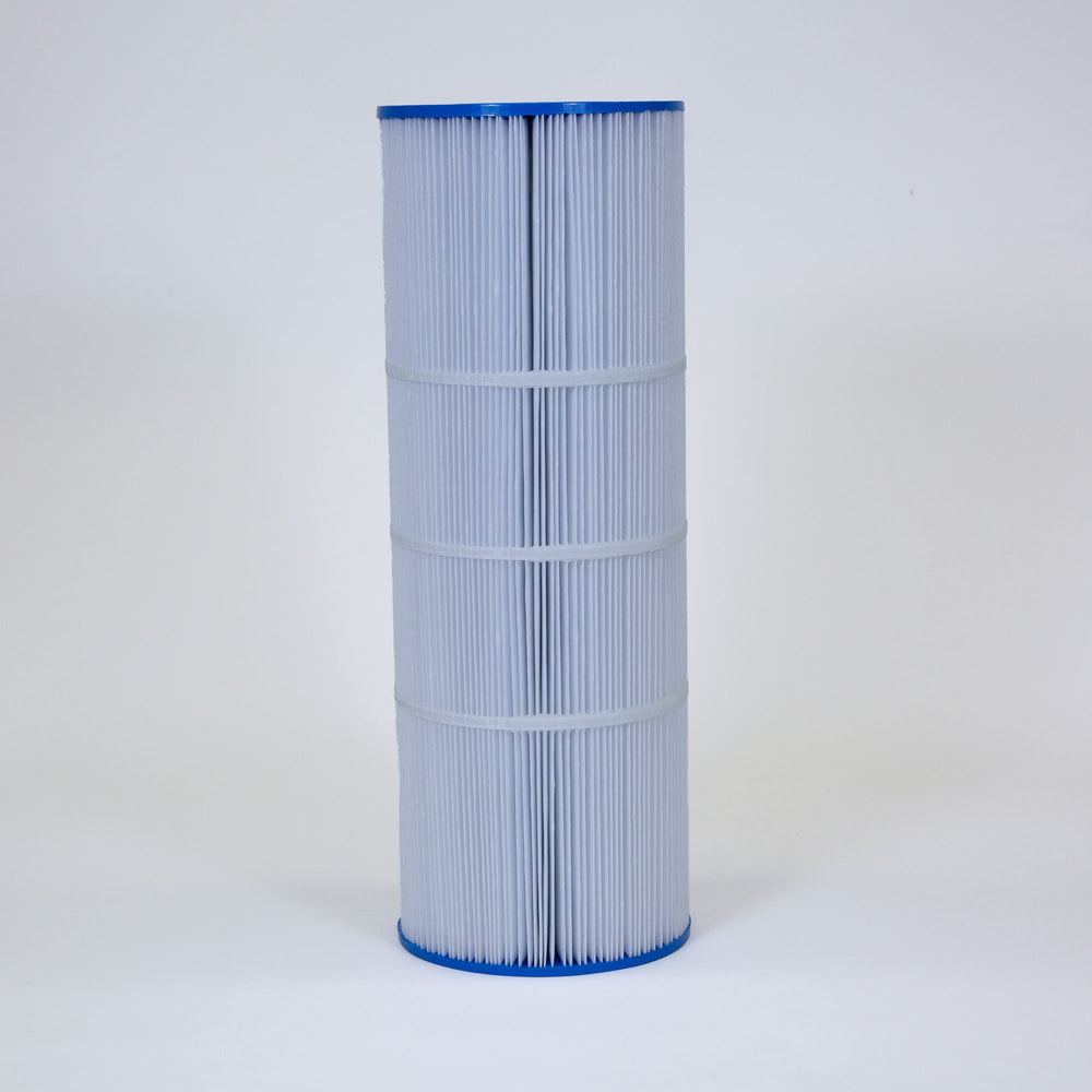 cylindrical pleated white filter cartridge with blue end caps standing upright on white background