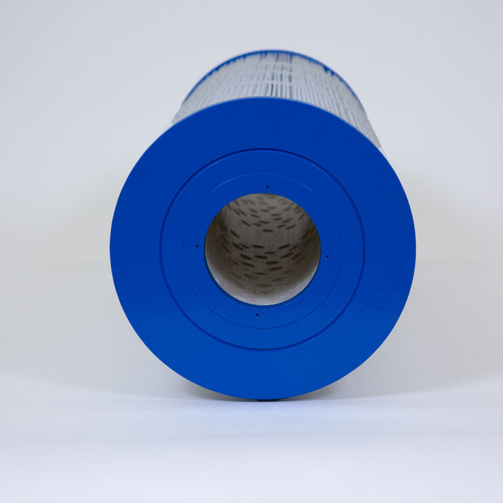 cylindrical water filter cartridge with blue plastic edges and white pleated filter material on the outside