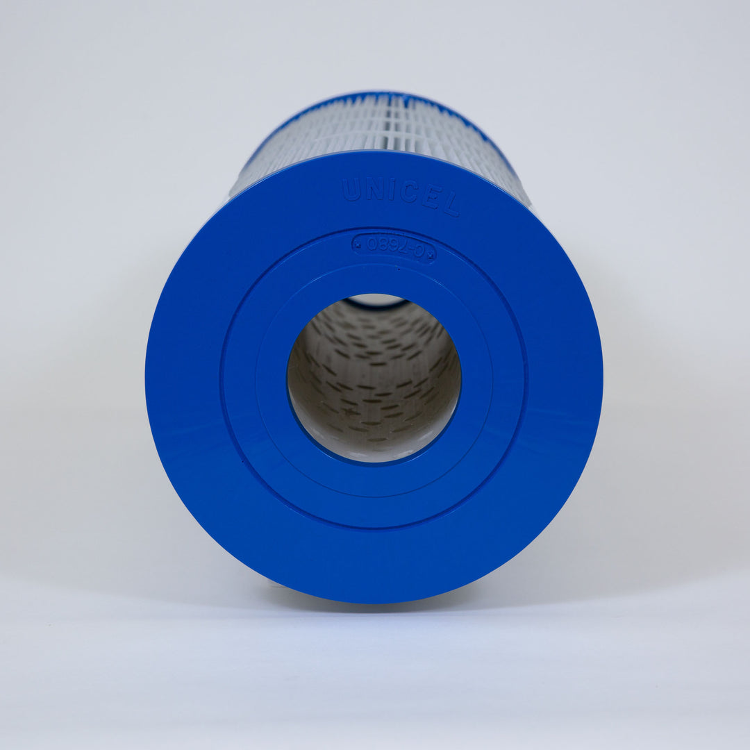 cylindrical pool filter cartridge with blue plastic end caps and white pleated filter material on a plain background