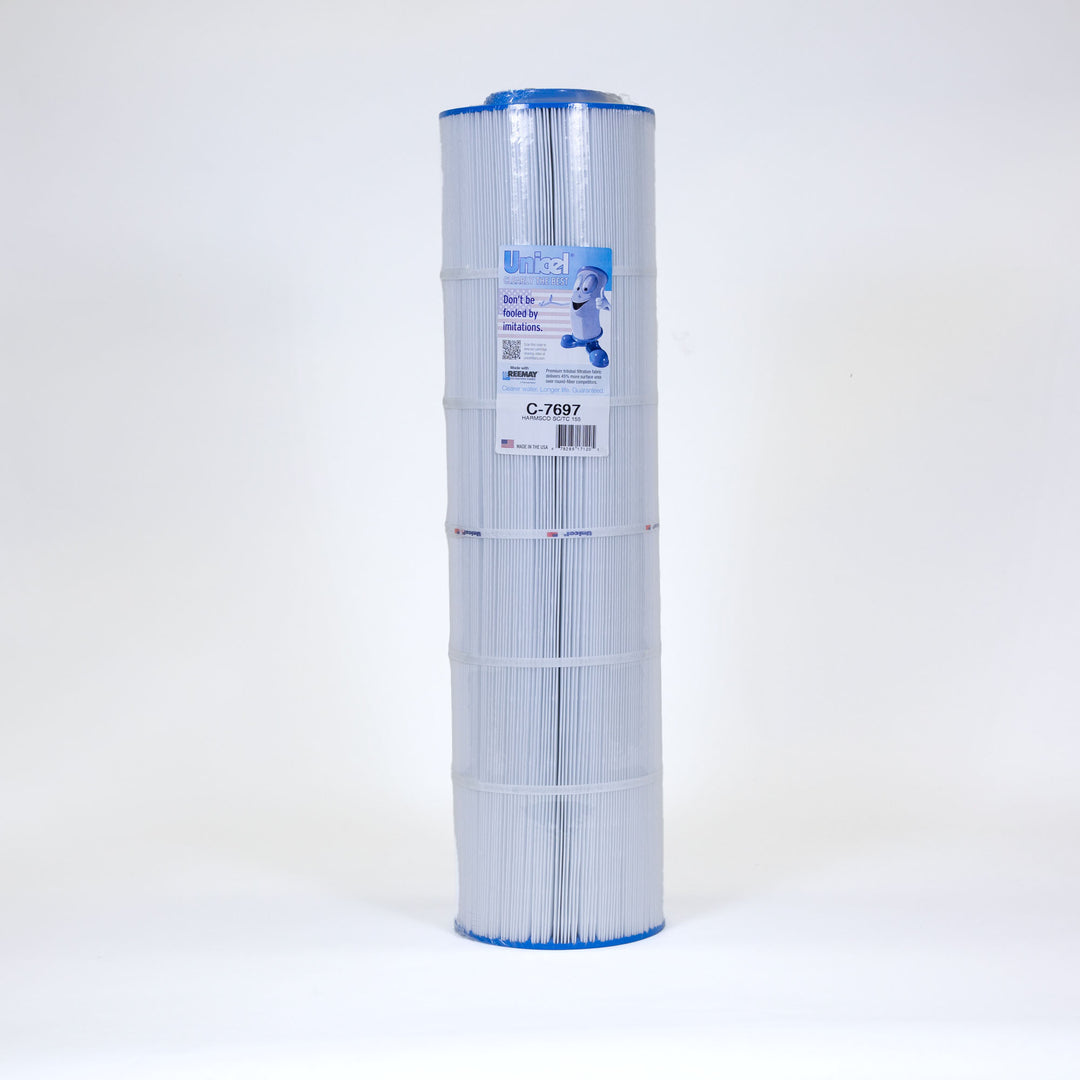 tall cylindrical pool filter cartridge with white pleated filter material and blue plastic caps on both ends
