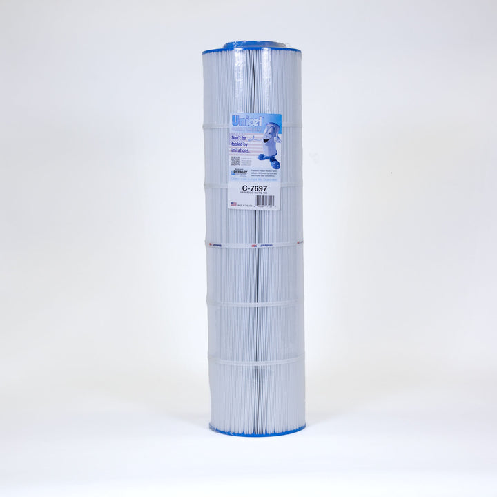 tall cylindrical pool filter cartridge with white pleated filter material and blue plastic caps on both ends