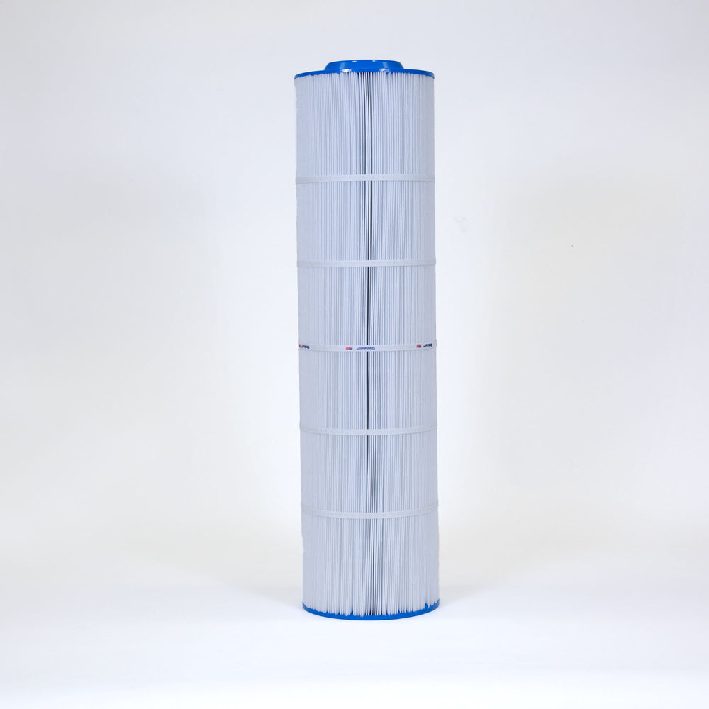 Tall cylindrical pool filter cartridge with white pleated surface and blue end caps isolated on a white background