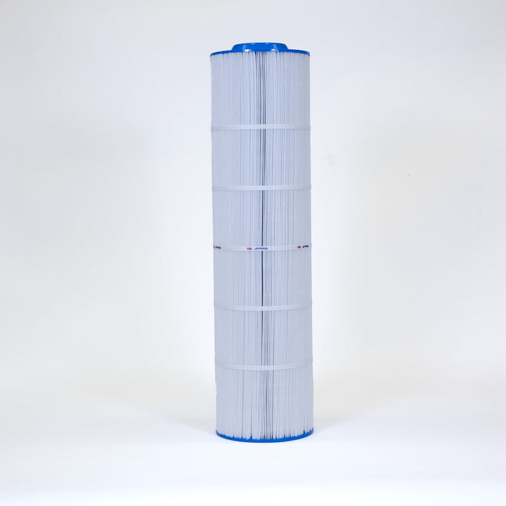Tall cylindrical pool filter cartridge with white pleated surface and blue end caps isolated on a white background