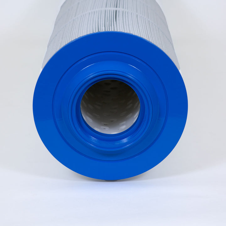 cylindrical pool filter cartridge with pleated white material and bright blue plastic end cap on a white background