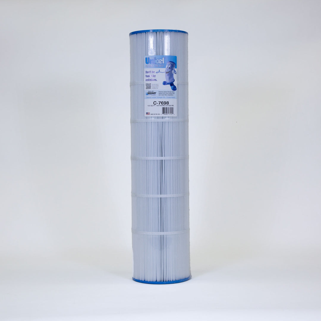 Tall cylindrical pool filter cartridge with white pleated material and blue caps on top and bottom standing upright