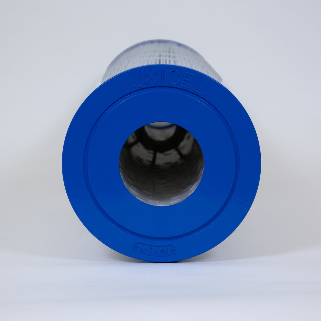 cylindrical pool filter cartridge with blue end caps, mesh body, and large central hole for water flow