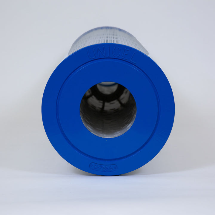 cylindrical pool filter cartridge with blue end caps, mesh body, and large central hole for water flow