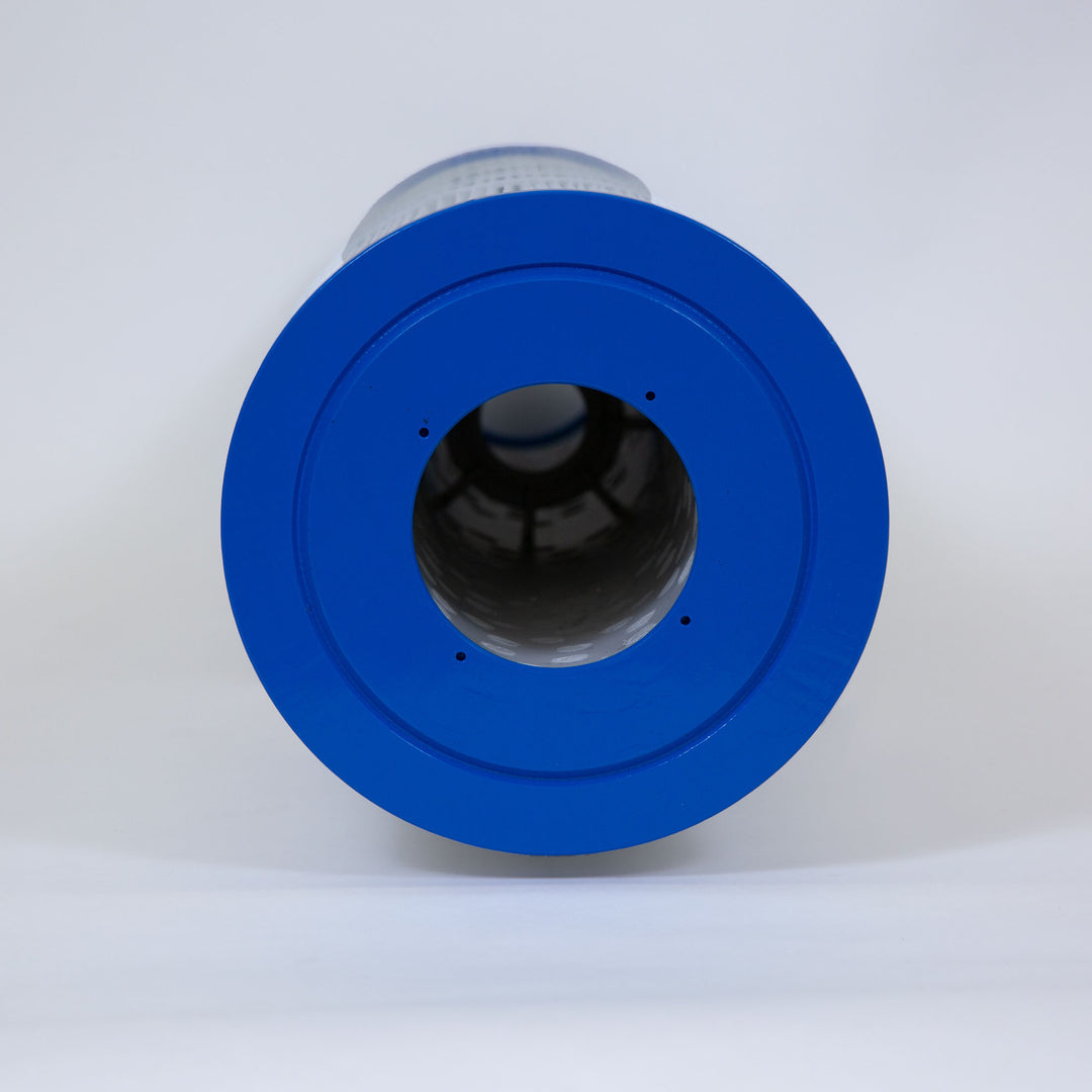 Replacement pool filter cartridge with tightly pleated filter material and bright blue end caps placed against a plain white background