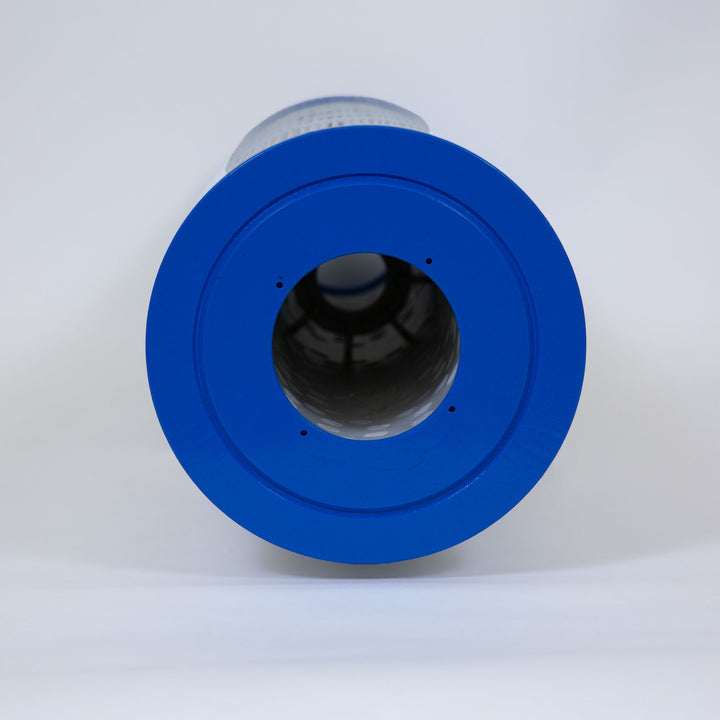 Replacement pool filter cartridge with tightly pleated filter material and bright blue end caps placed against a plain white background