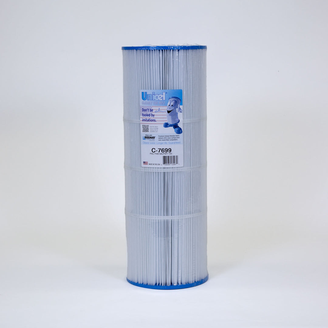 tall cylindrical replacement filter cartridge with white pleated fabric and blue edges standing upright on white surface