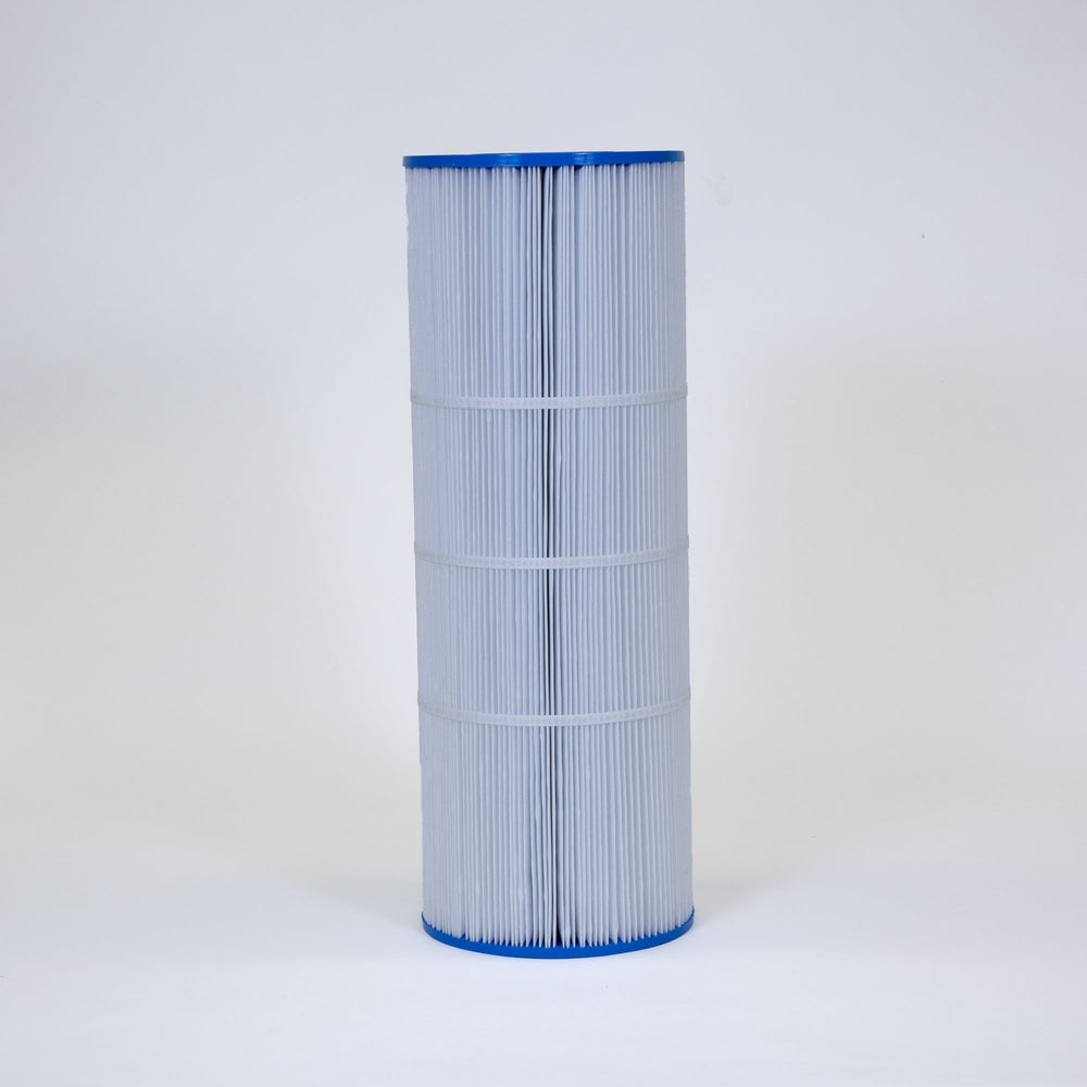 Tall cylindrical replacement filter cartridge with white pleated material and blue plastic end caps, designed for water filtration systems