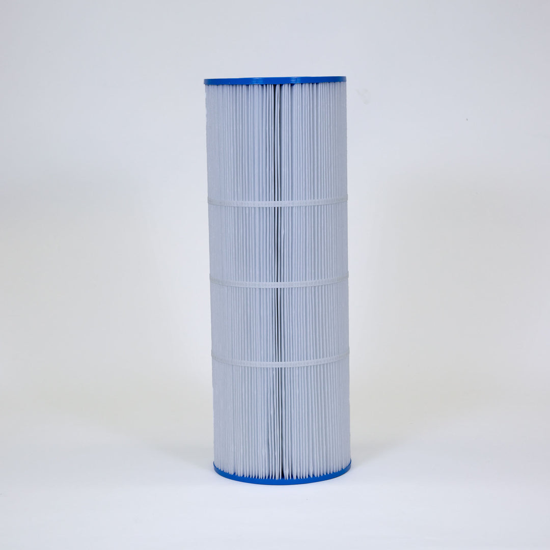 Tall cylindrical replacement filter cartridge with white pleated material and blue plastic end caps, designed for water filtration systems