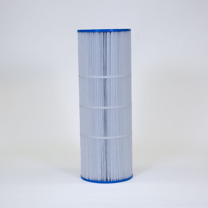 Tall cylindrical replacement filter cartridge with white pleated material and blue plastic end caps, designed for water filtration systems