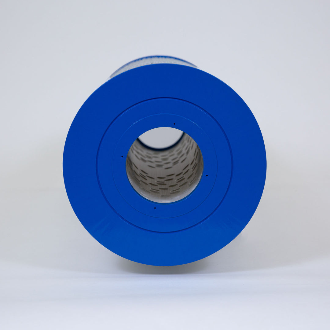 cylindrical replacement filter cartridge with blue circular end and perforated interior wall for water filtration