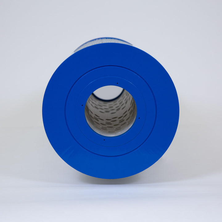 cylindrical replacement filter cartridge with blue circular end and perforated interior wall for water filtration