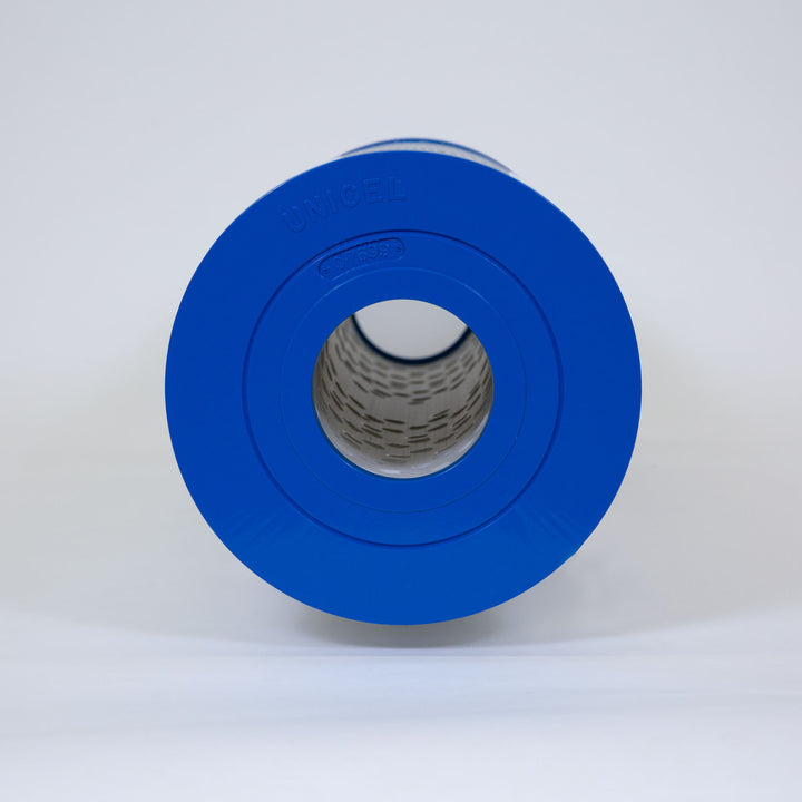 cylindrical pool filter cartridge with bright blue end caps and concentric circular patterns visible inside the hollow core