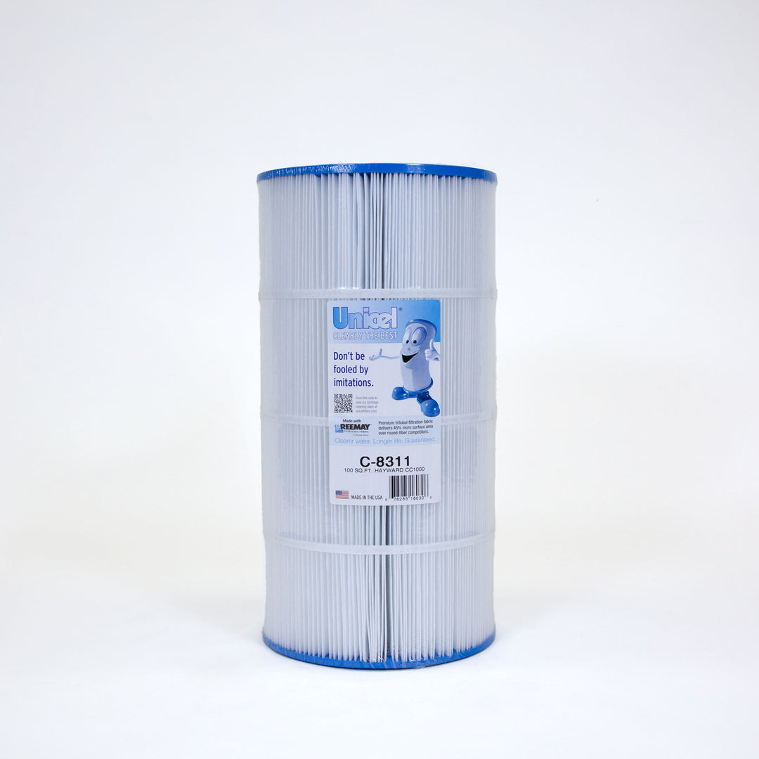 cylindrical pool filter cartridge with white pleated material and blue end caps standing upright on white background