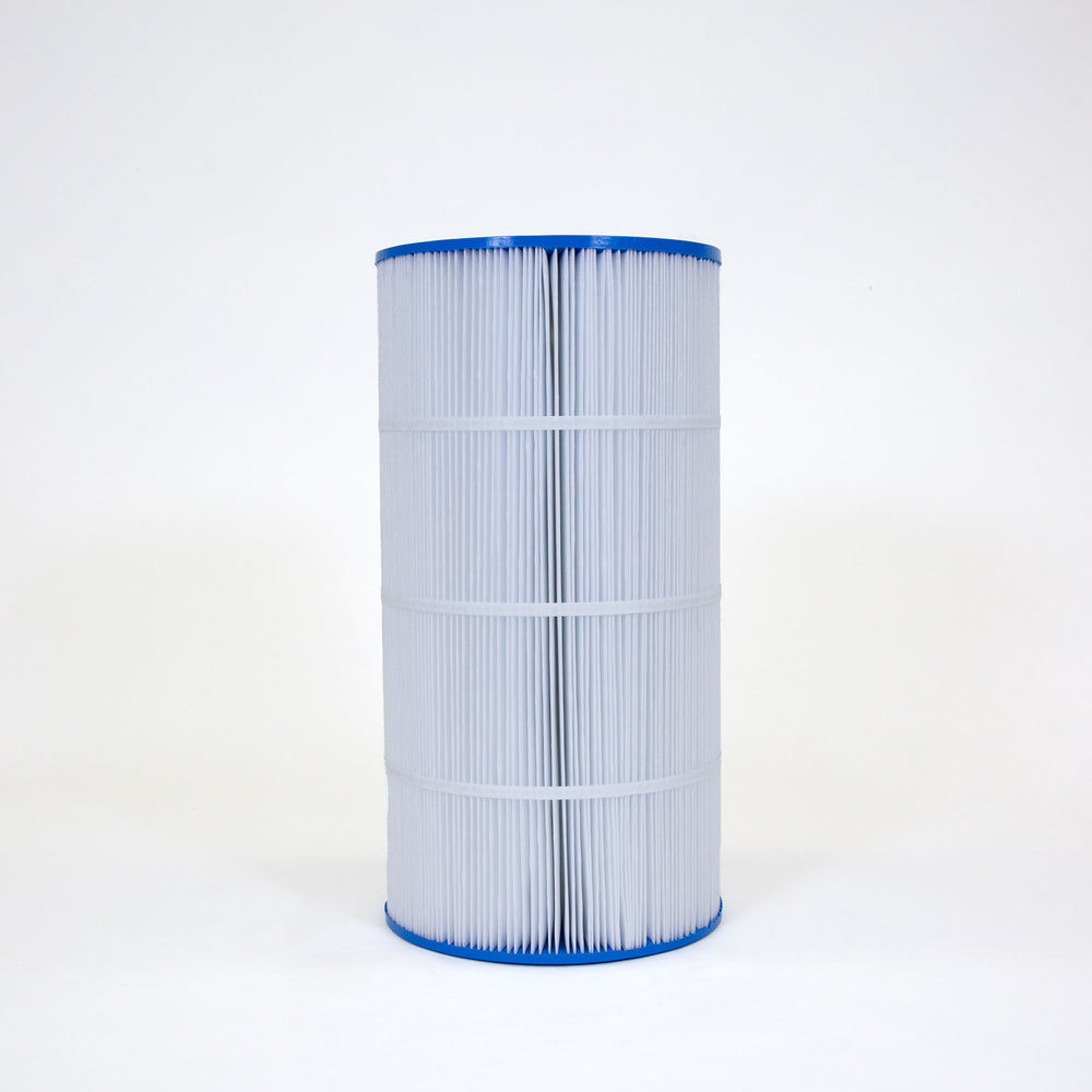 cylindrical pool filter cartridge with pleated white filter material and blue plastic top and bottom edges