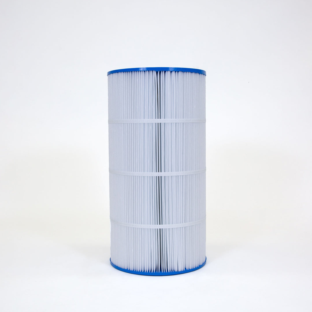 cylindrical pool filter cartridge with pleated white filter material and blue plastic top and bottom edges