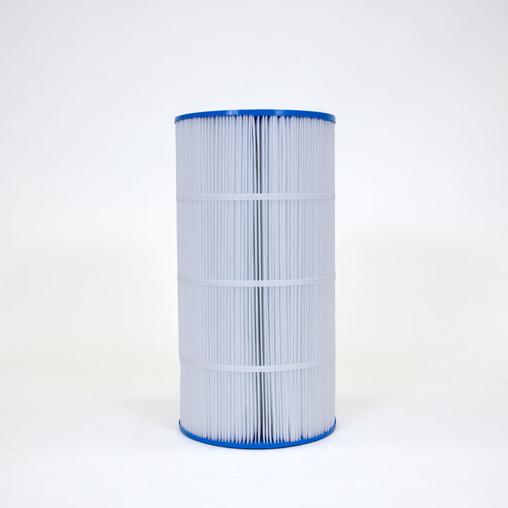 cylindrical pool filter cartridge with pleated white filter material and blue plastic top and bottom edges
