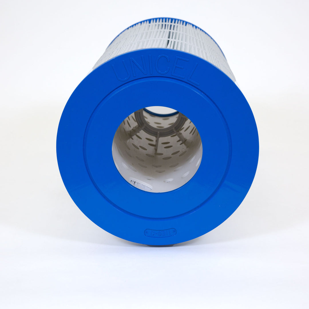cylindrical pool filter cartridge with blue ends and pleated white filter material wrapped around a perforated inner core