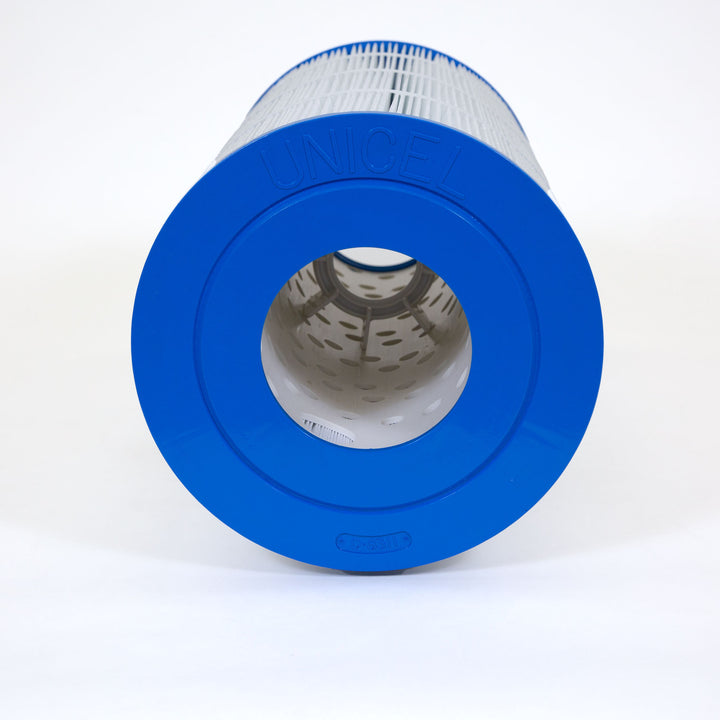 cylindrical pool filter cartridge with blue ends and pleated white filter material wrapped around a perforated inner core