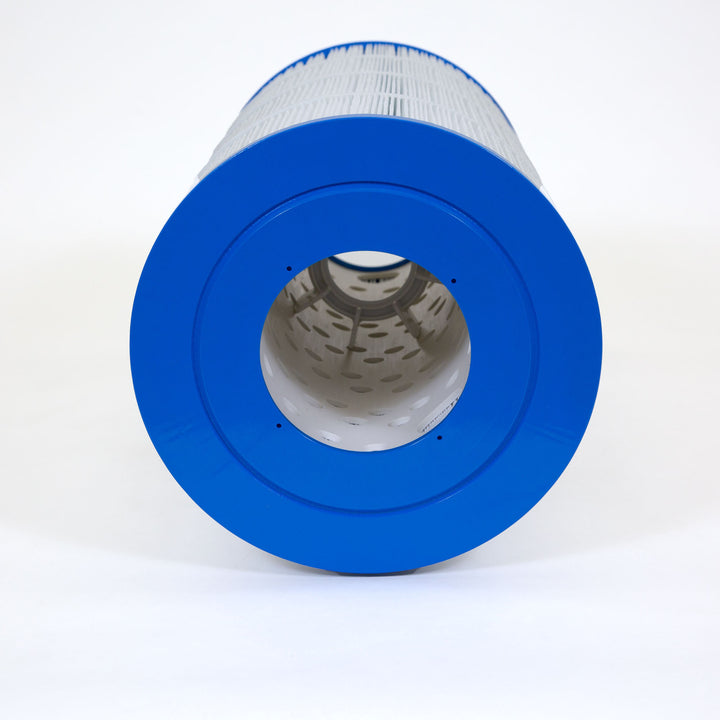cylindrical pool filter cartridge with a blue plastic end cap and white pleated filtering material