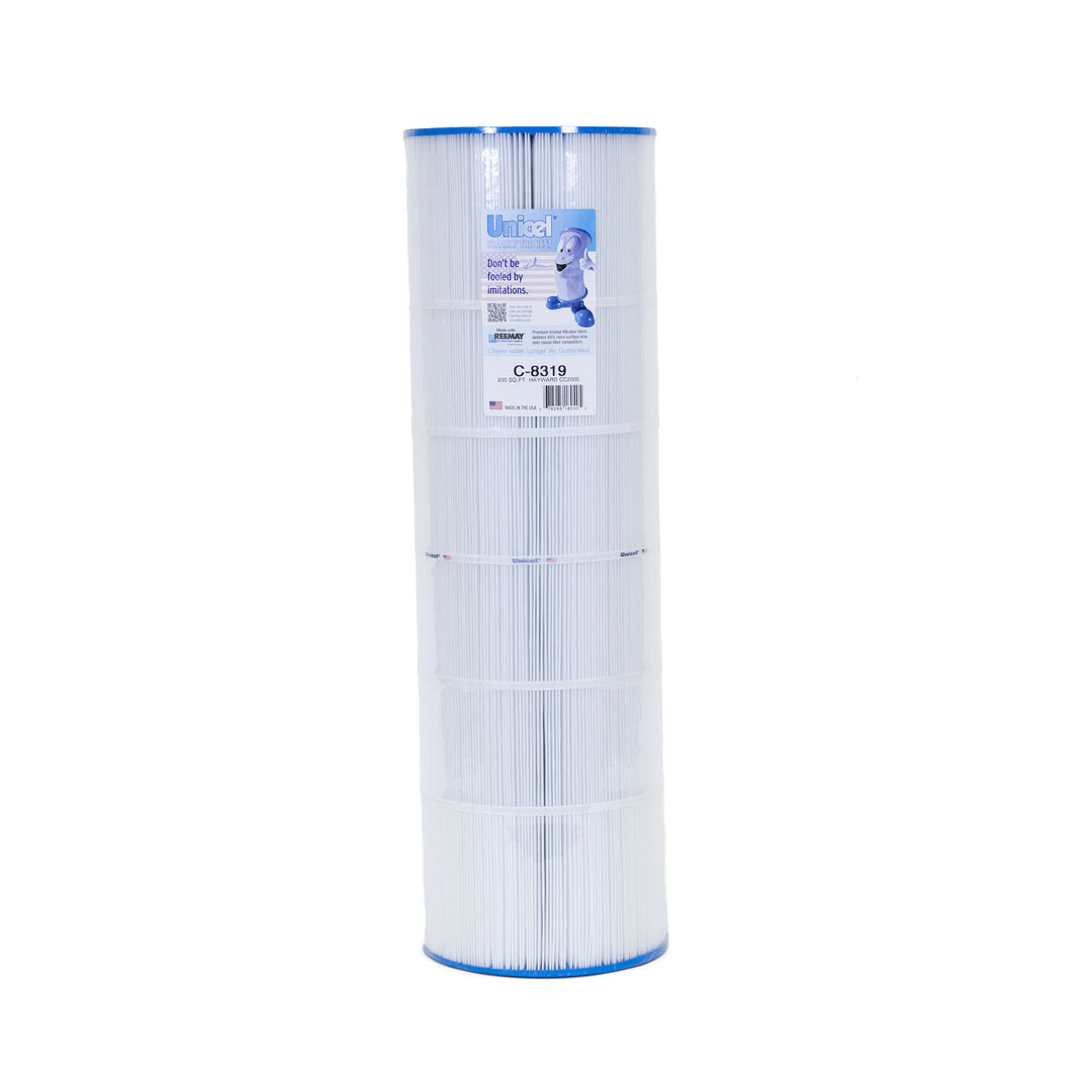 Tall cylindrical pool filter cartridge with pleated white material and blue trim on top and bottom with a label on the upper side