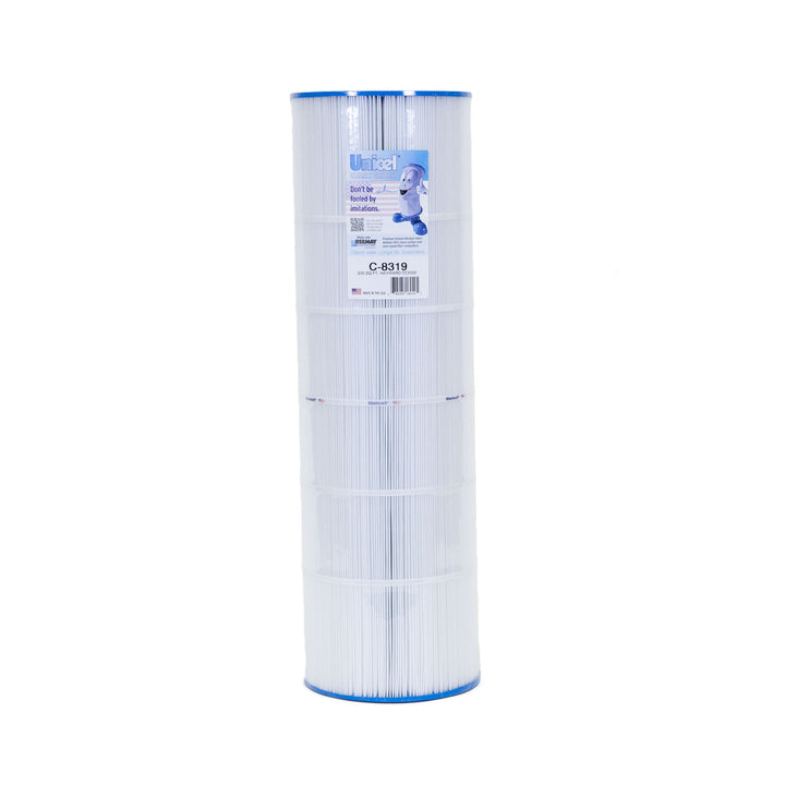 Tall cylindrical pool filter cartridge with pleated white material and blue trim on top and bottom with a label on the upper side