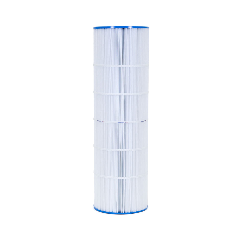 Tall cylindrical white pleated filter cartridge with blue end caps and supporting bands around the body