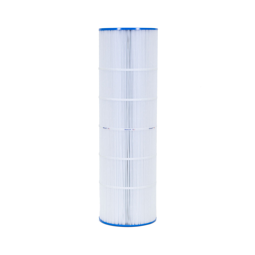 Tall cylindrical white pleated filter cartridge with blue end caps and supporting bands around the body