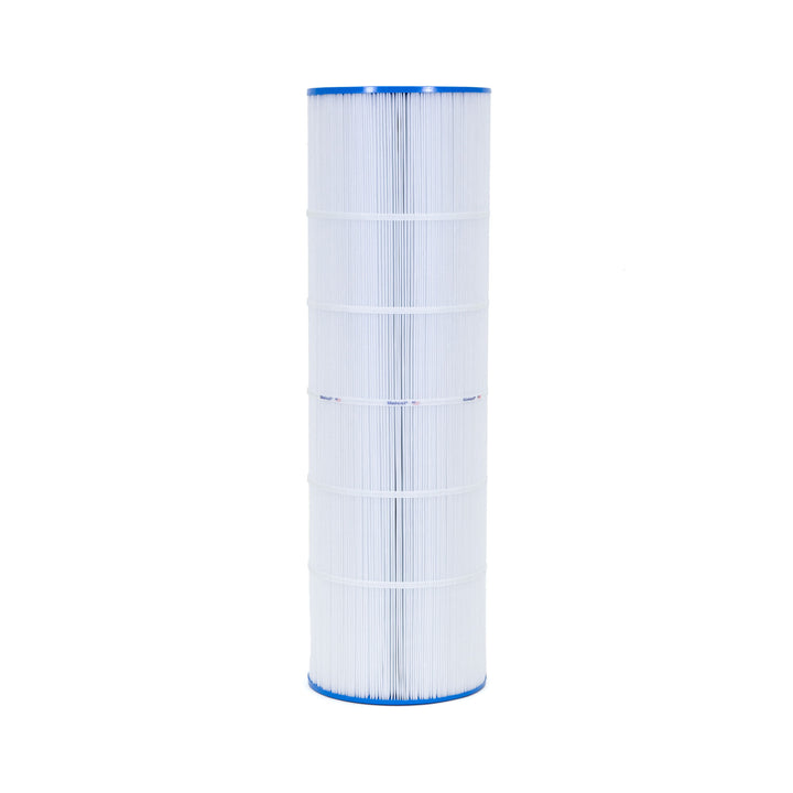 Tall cylindrical white pleated filter cartridge with blue end caps and supporting bands around the body