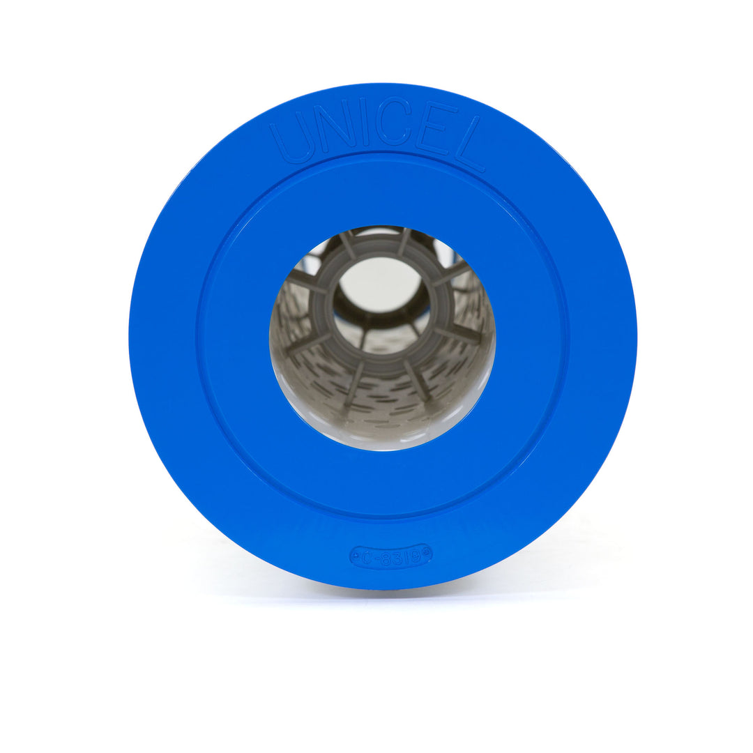 top view of a blue circular replacement filter cartridge with a central hole and the brand name embossed on the outer rim