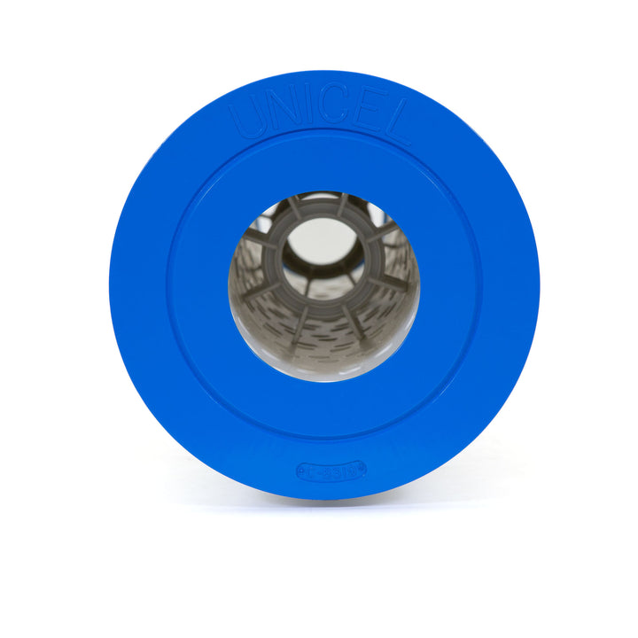 top view of a blue circular replacement filter cartridge with a central hole and the brand name embossed on the outer rim
